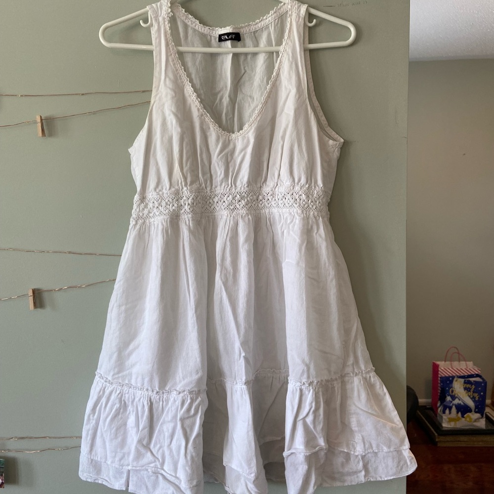 White tiered mini summer dress with lace detailing